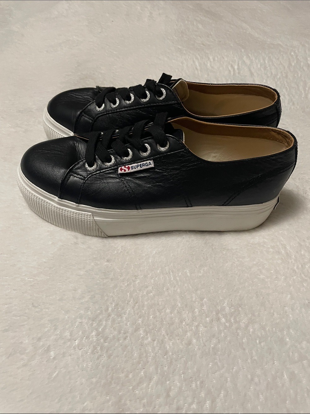 Superga Black Leather Platform Sneakers with White Sole 6.5M - Picture 4 of 11